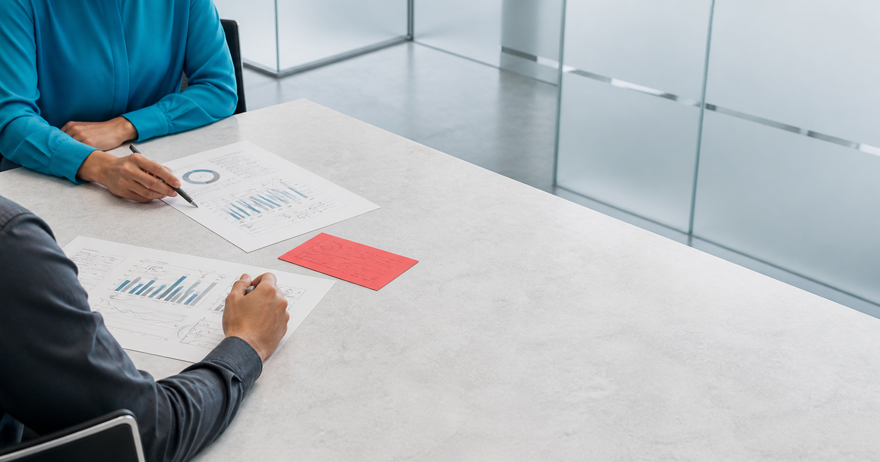 A marketing leader and colleague comparing two versions of a sales story
