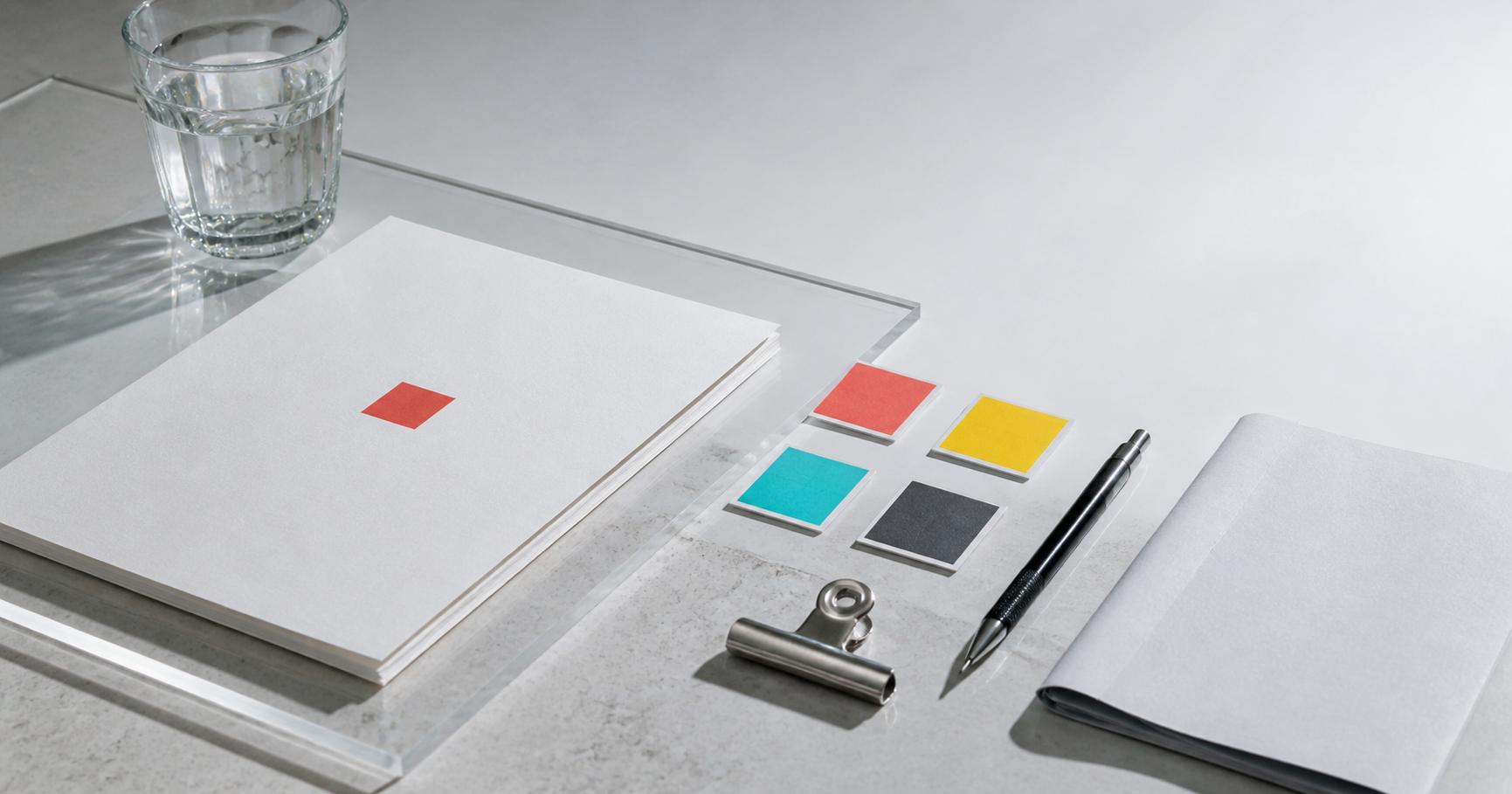 Brand swatches and a marked identity sheet beside a positioning brief