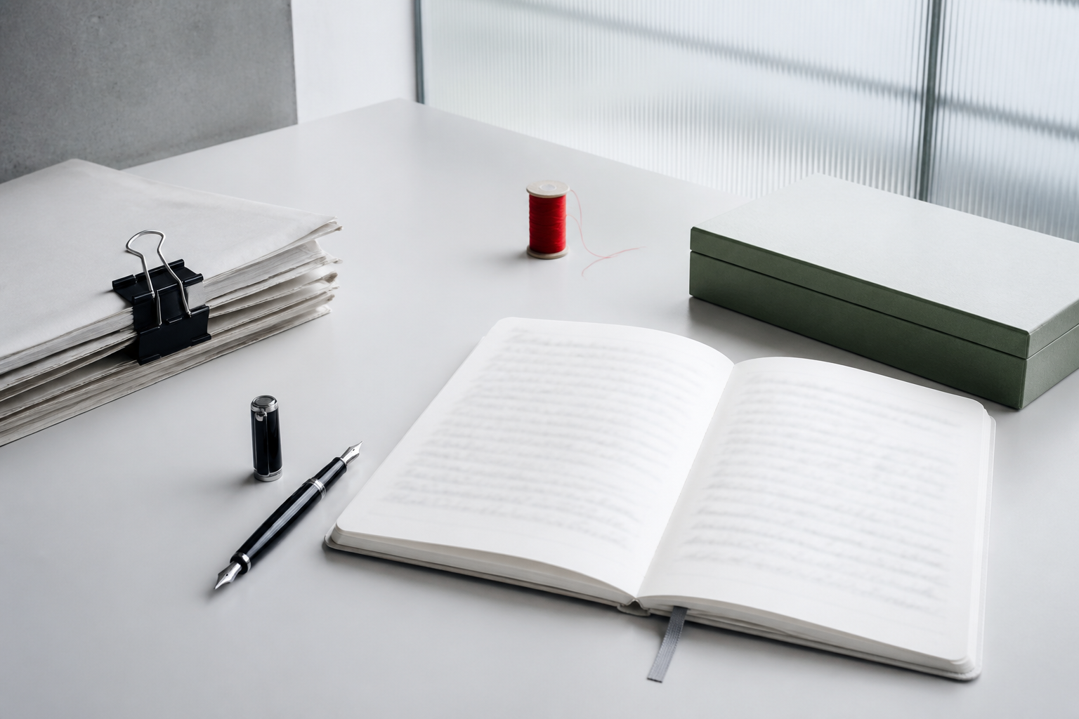 A well-used notebook and clipped articles on a desk prepared for considered writing