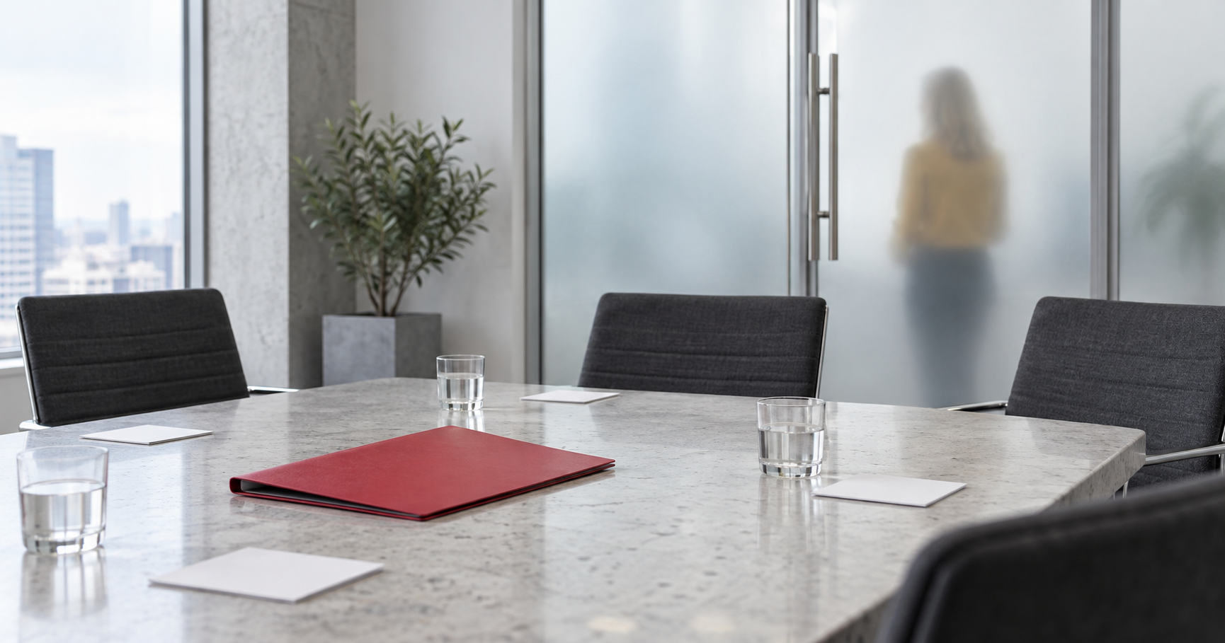 A conference room prepared for a communications rehearsal before an announcement