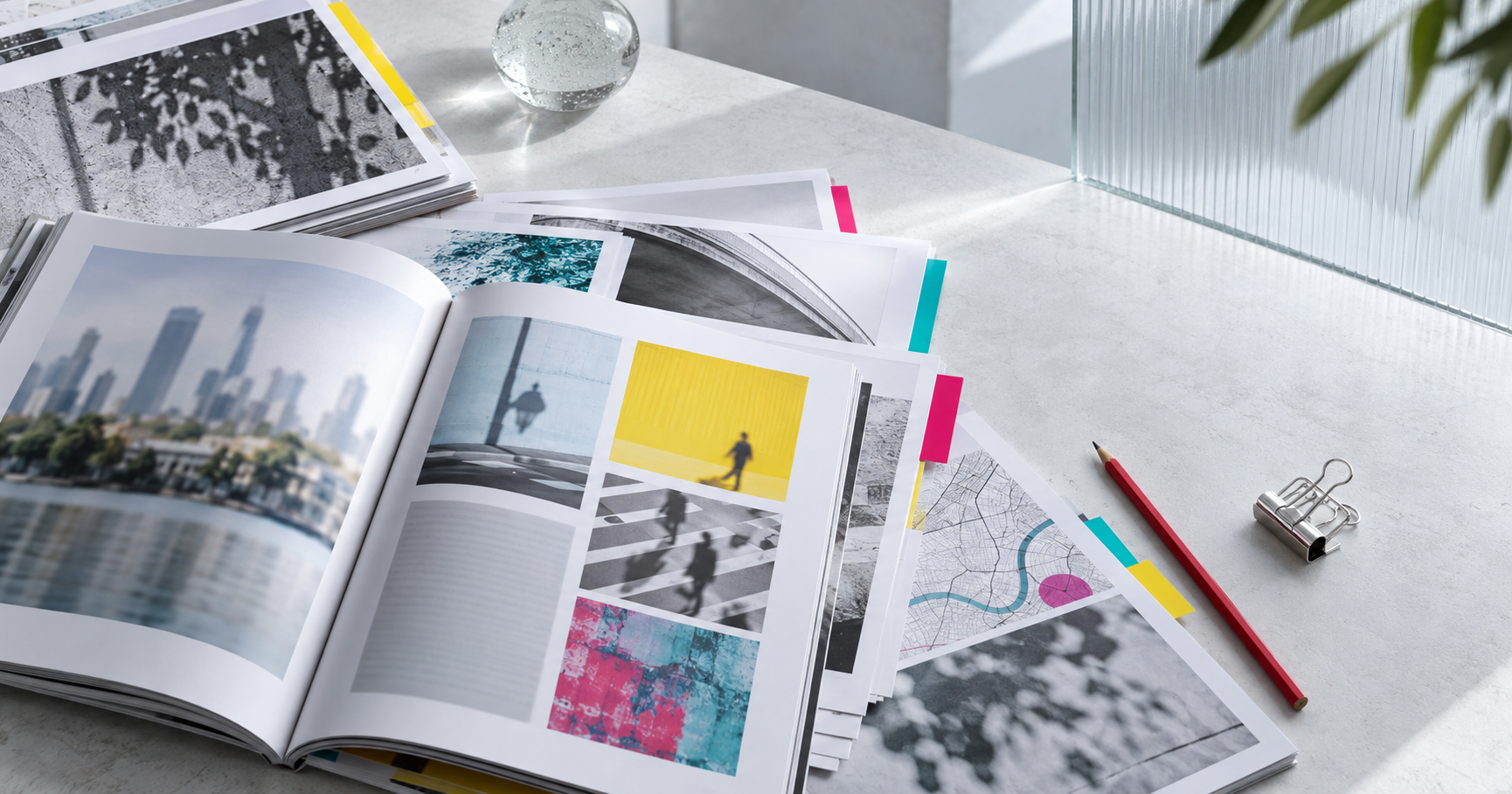 Colorful local magazine covers layered across an editorial worktable
