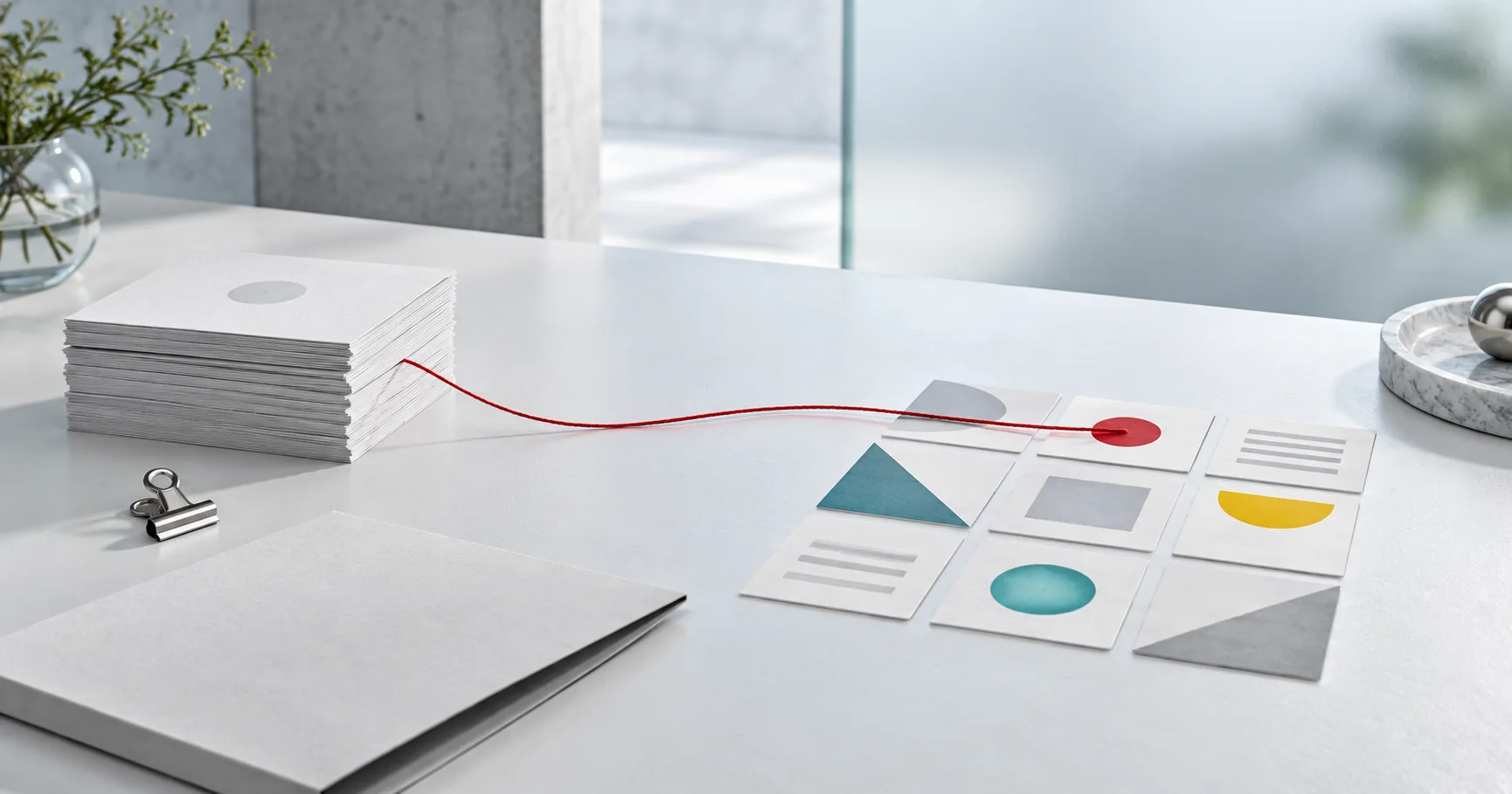 Two chapters of a business story connected across a worktable
