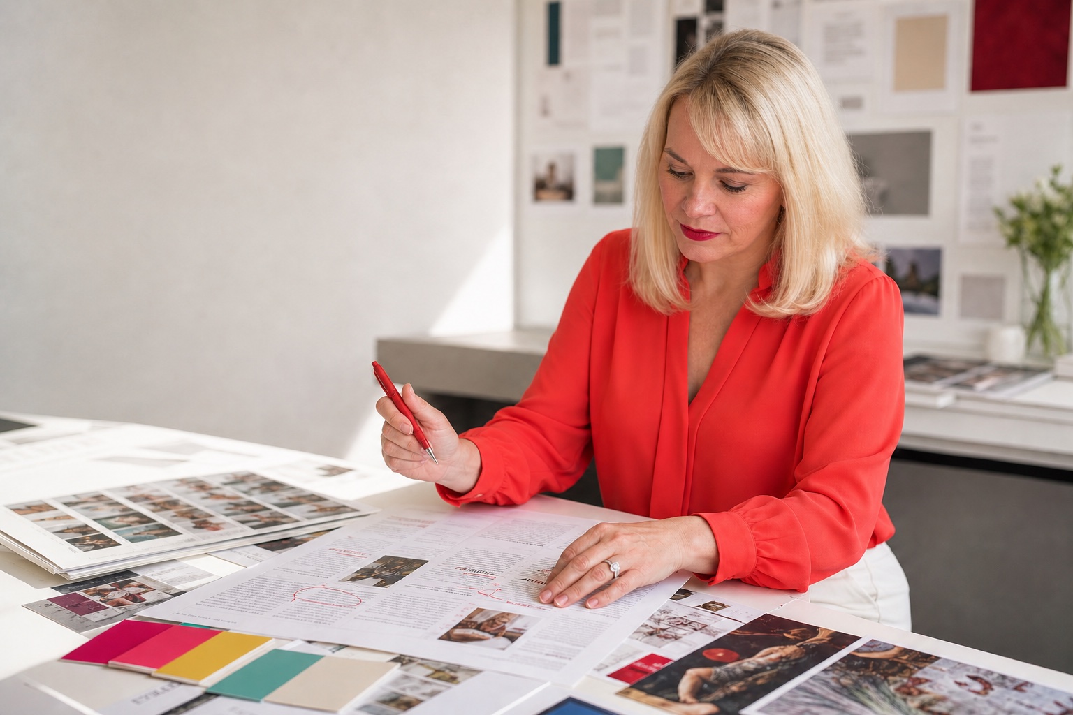 Lorri-Ann Carter editing a marketing and communications story at a worktable