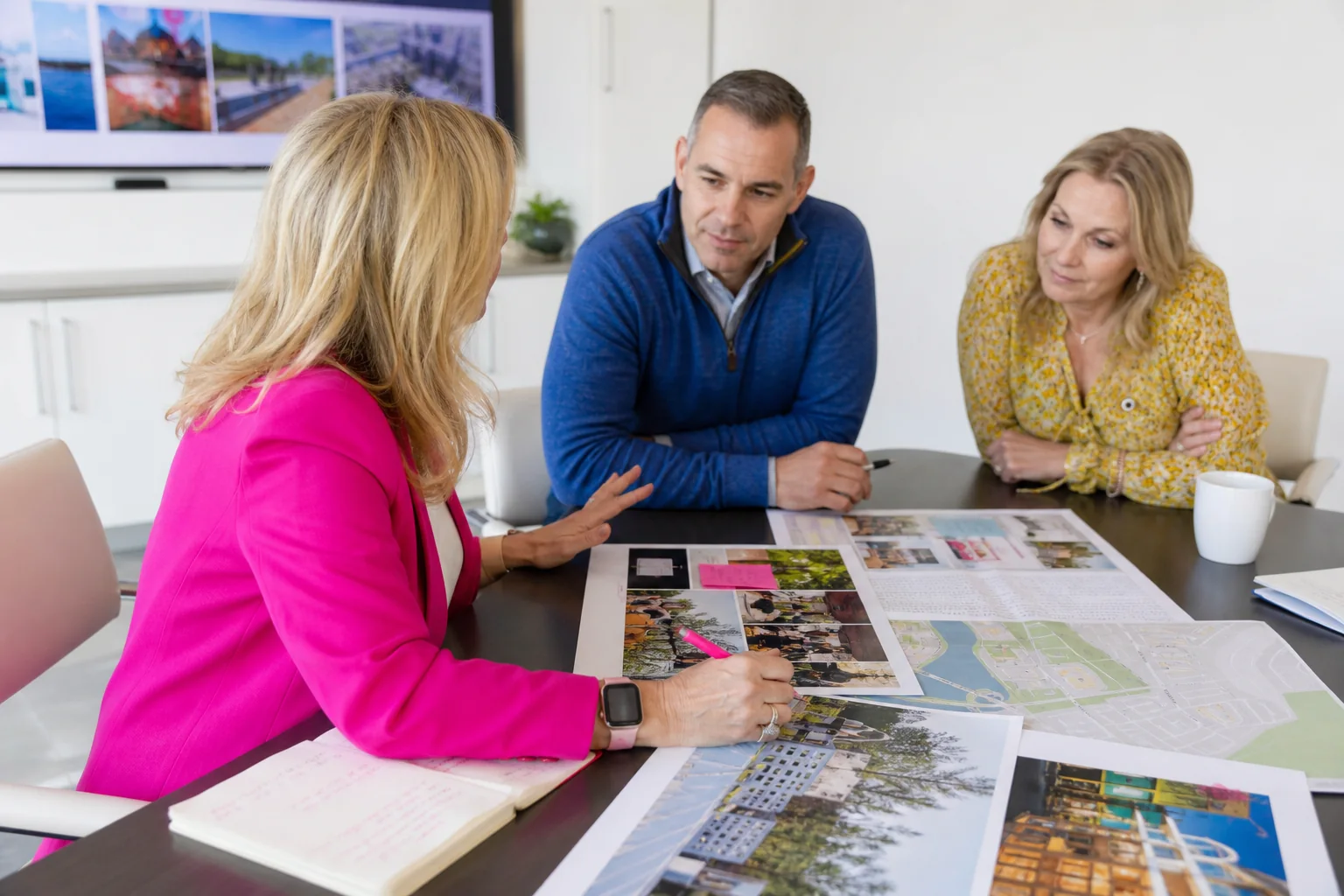 Lorri-Ann Carter working through marketing materials with two colleagues