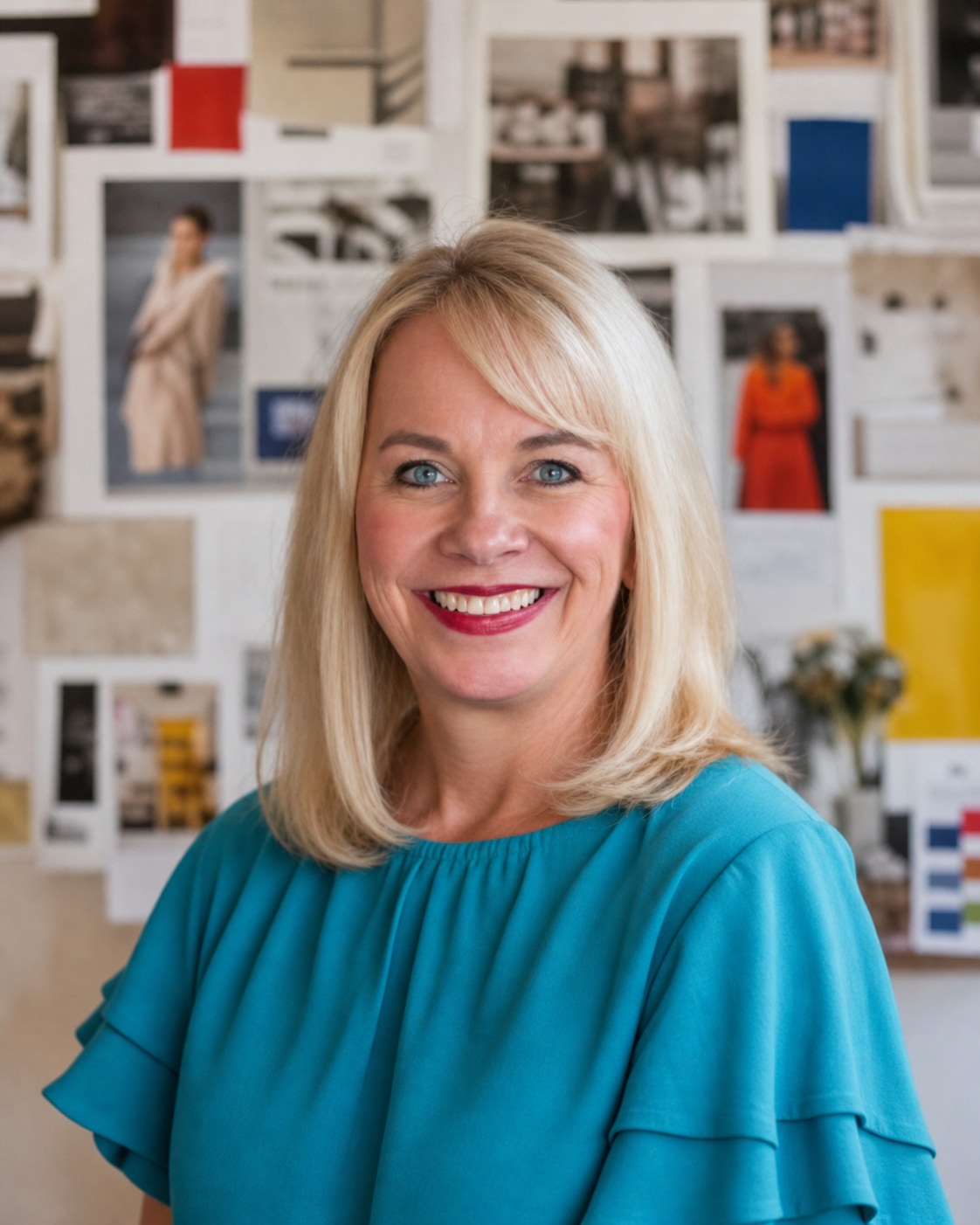 Lorri-Ann Carter smiling in a bright turquoise blouse in a creative studio